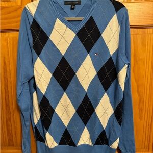 Tommy Hilfiger V-Neck Blue and Black Argyle Sweater